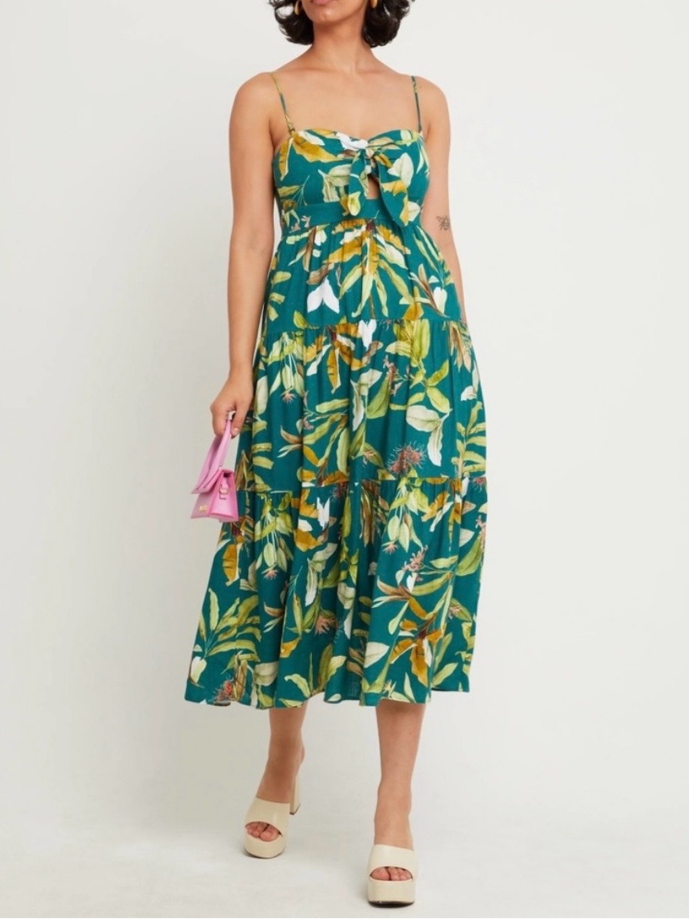O.P.T. Floral Sleeveless Tiered MIDI Sundress Teal Green Tropical Palm Print